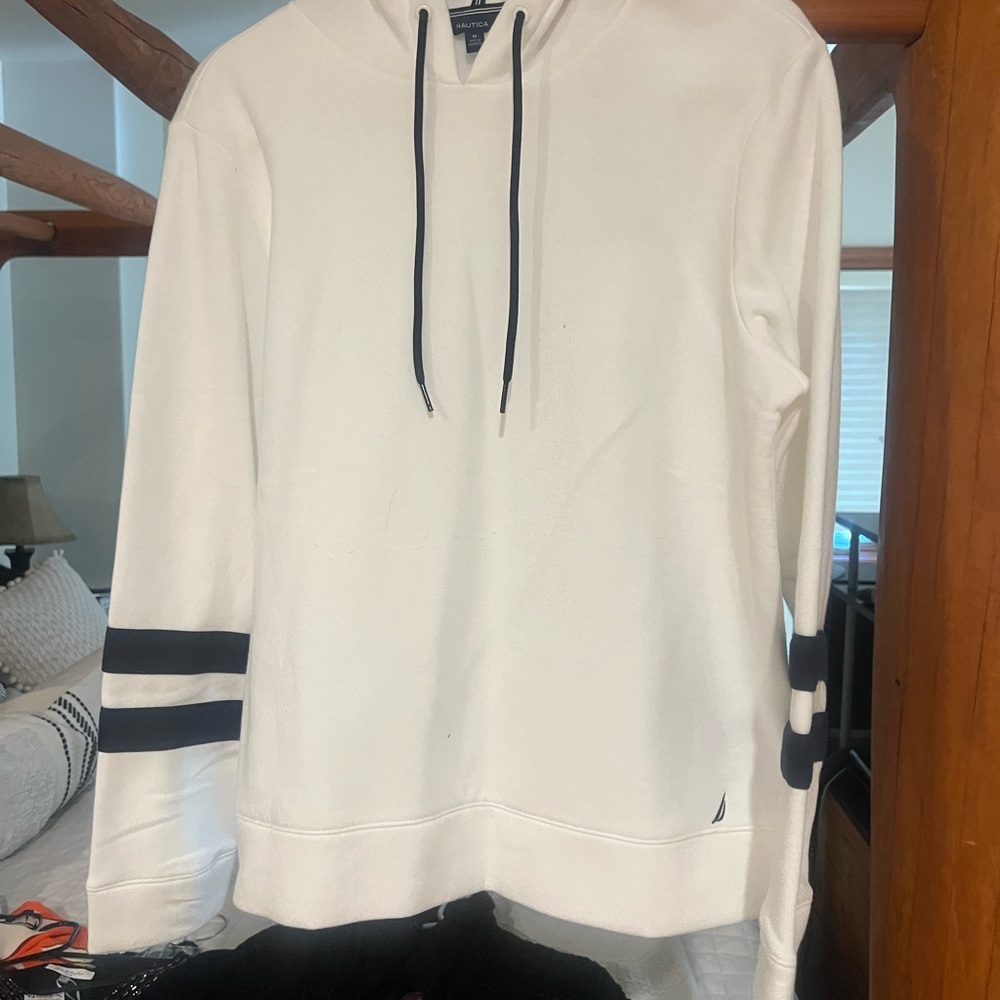 Nautica Women's White Hoodie with navy Stripes